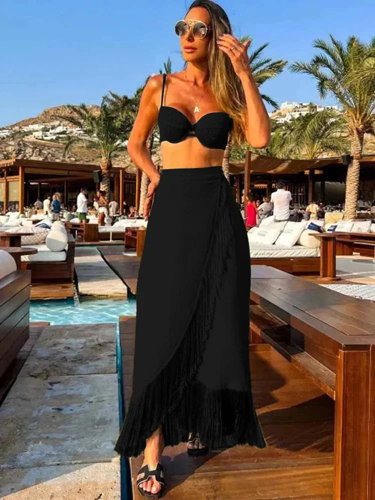 WW | Sexy 3-Teiliges Bikini-Set mit Rock Damen Badebekleidung Fransen Langer Rock Badeanzug Strandbekleidung Sommer Trend Damen Badebekleid