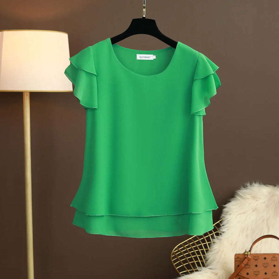 WW | Chiffon Bluse Mit O-ausschnitt Und Kurzen Ärmeln