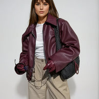 WW | Damen Rote Lederjacke Weinlese Lederjacke Mit Reißverschluss Für Frauen
