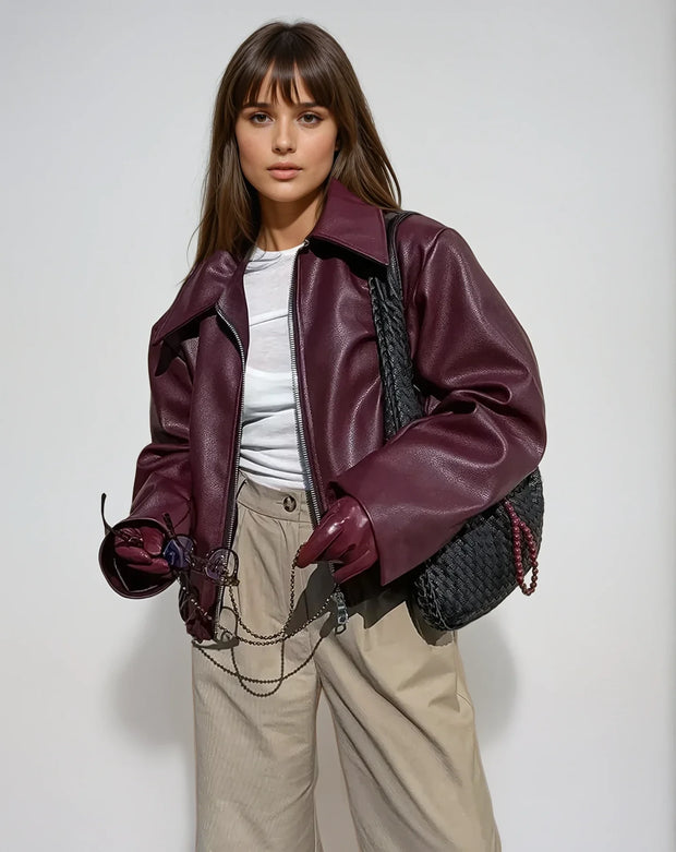 WW | Damen Rote Lederjacke Weinlese Lederjacke Mit Reißverschluss Für Frauen