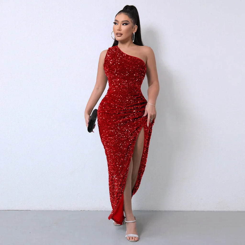 WW | Festkleider für Frauen Sexy Pailletten Nacht Kleid Ein Schulter Ärmellos Bodycon Abend Maxi Kleid Kleidung