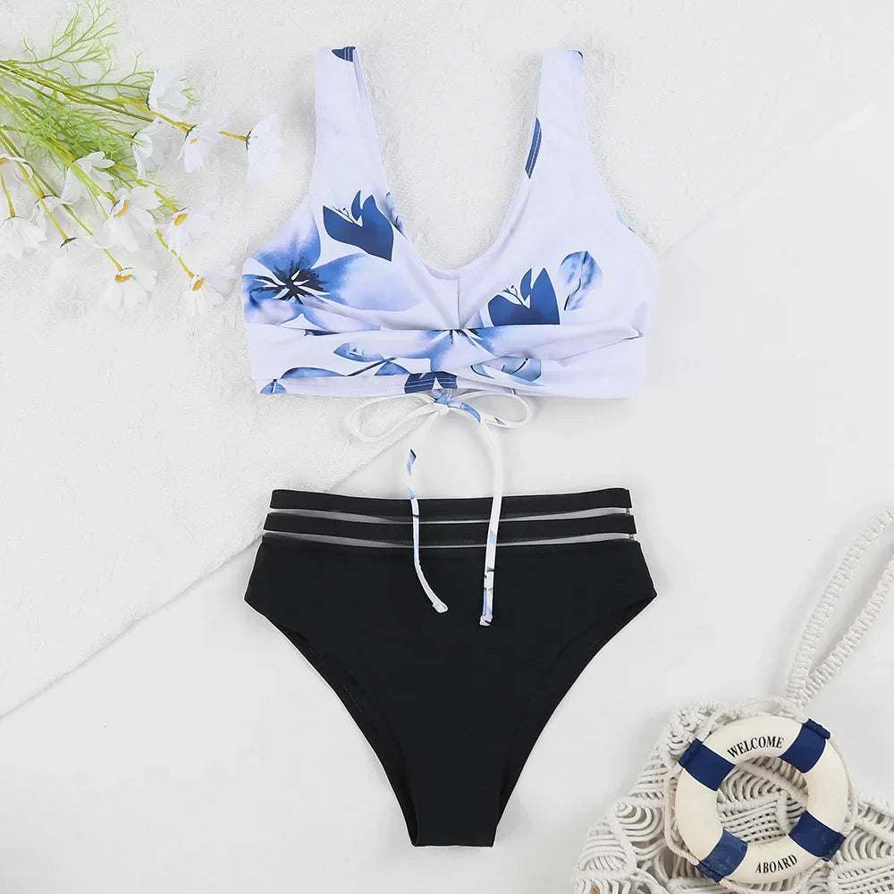 WW | Schnürung Hohe Taille Bikini Frauen Badebekleidung Frauen Badebekleidung Badeanzug Gepolstert Push-Up Blumen Badeanzug Frauen Bikini Set