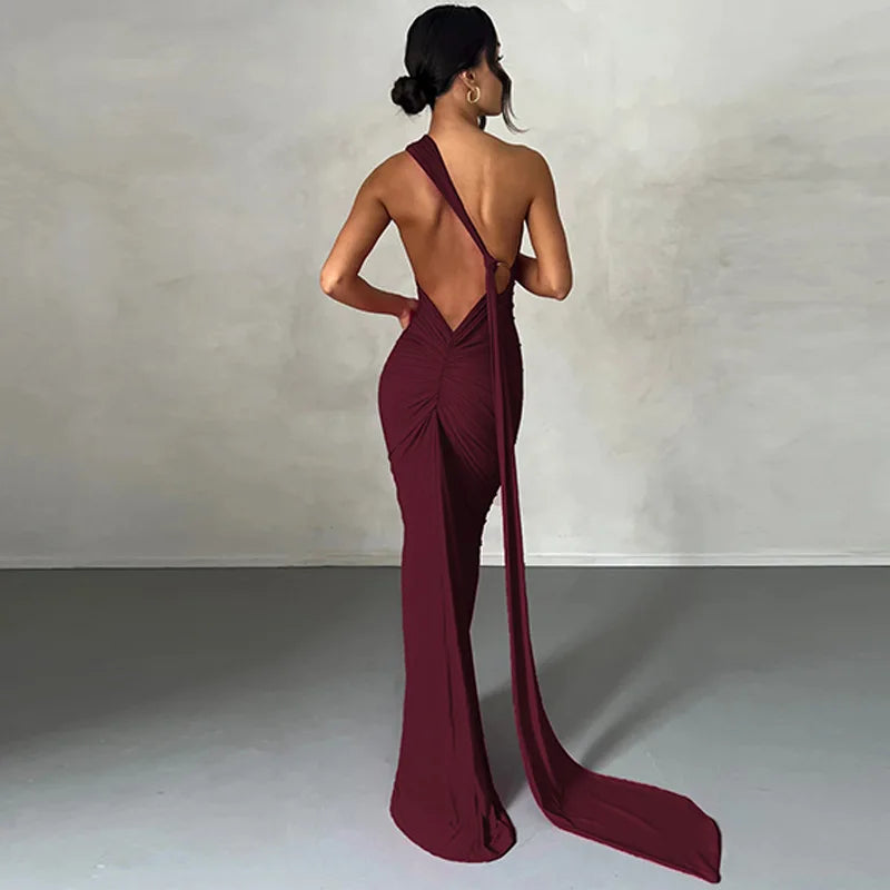 WW | Neue Mode Elegante Maxi Kleid für Frauen Sexy Ein Schulter Bodycon Slim Plissiert Einfarbig Rückless Kleider Fest Klub Kleidung