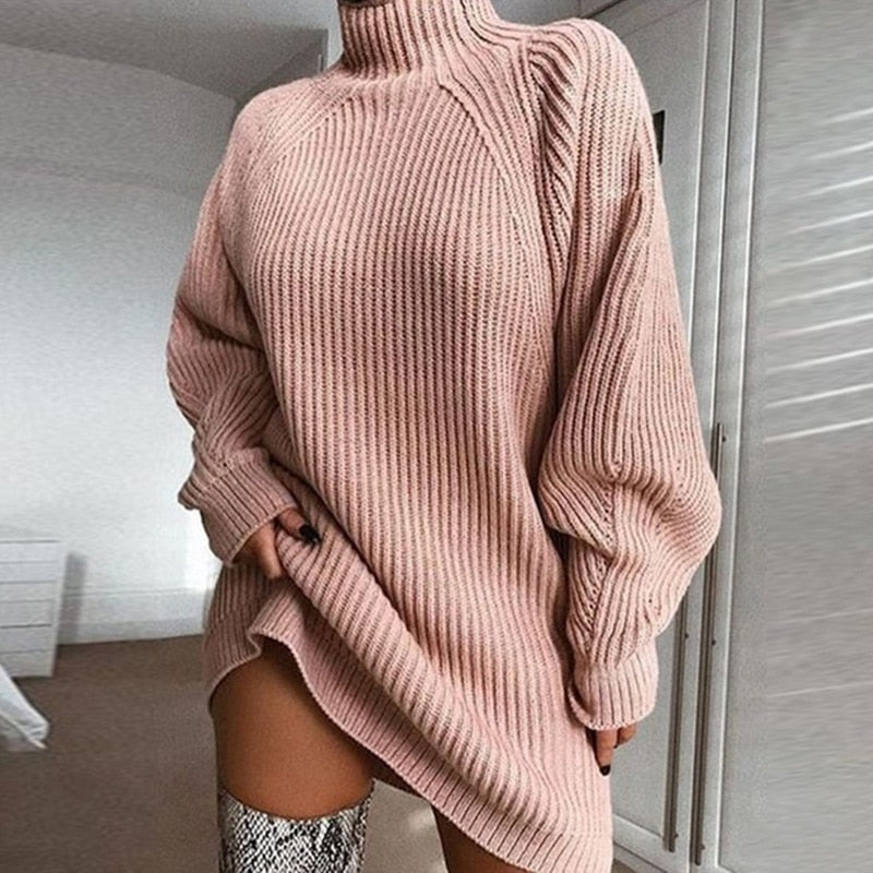 WW Attraktives A-Linien-Kleid | Damen Herbst Strickkleid mit Rollkragen