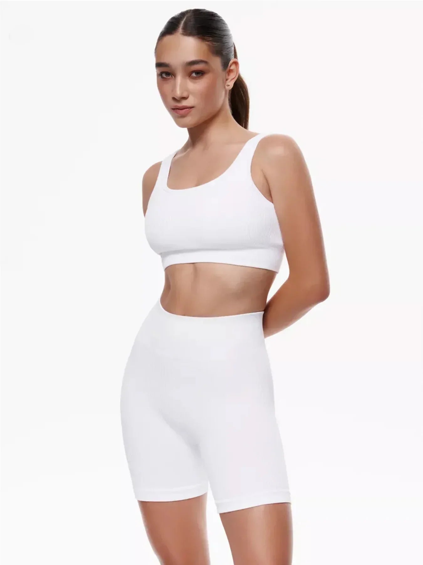 WW | Sommer Weiße Training Kleidung Gerippt Sport Shorts Set Fitness Set Sport Kleidung Damen Yoga Set Nahtlose Hohe Taille Shorts Outfit