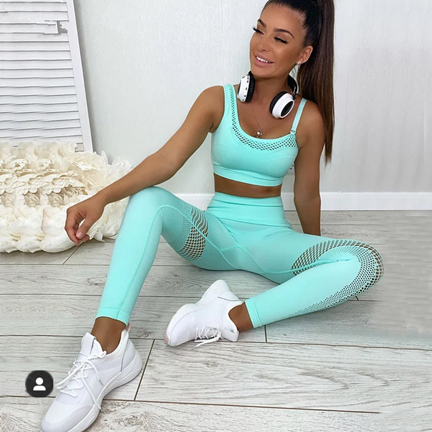 WW | Nahtloses Yoga-Set Sport Outfits Frauen 2Pcs Geteilt Hohl Lange Ärmel Crop Top Leggings Trainingskleidung Fitness Set
