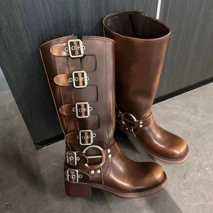 Damenstiefel im Vintage-Stil mit Schnallen und rutschfester Gummisohle