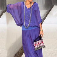 WW | Elegantes Zweiteiliges Set Aus Chiffonoberteil Und Hose Mit Weitem Bein