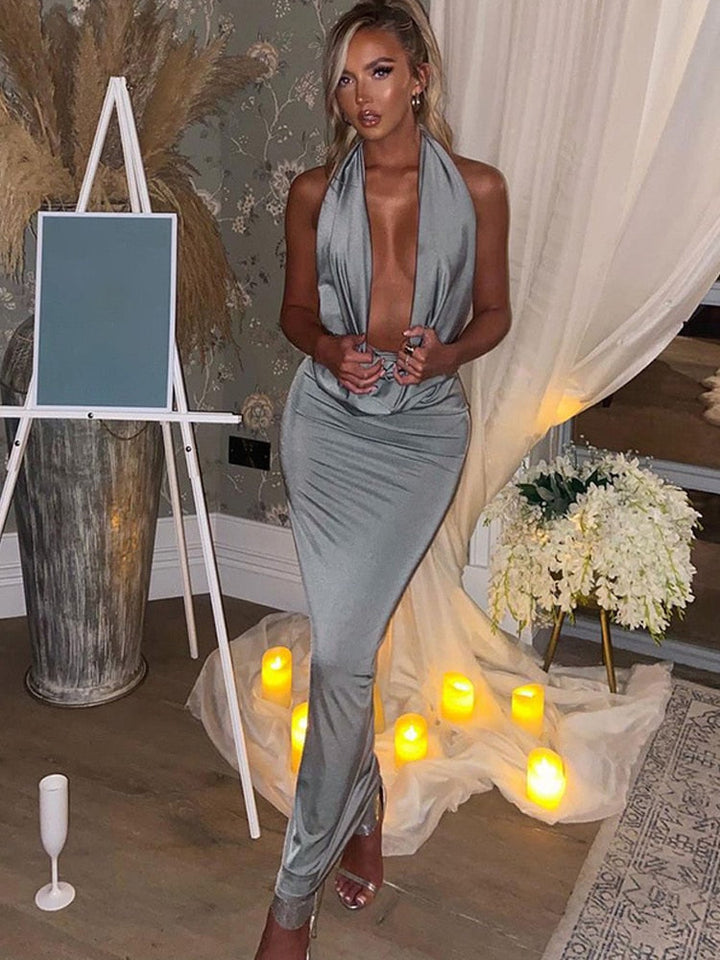 W&W Mode - Sexy langes Kleid mit V-Ausschnitt und Halterneck für Frauen