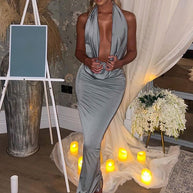 WW - Sexy langes Kleid mit V-Ausschnitt und Halterneck für Frauen