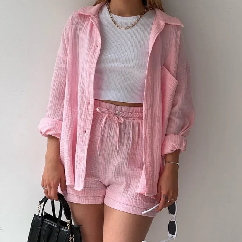 WW | 2 Teiliges Lässiges Nachtwäsche Baumwolle Pyjama für Frauen Umgeschlagenen Kragen Schlaf T-Shirts Set mit Shorts Gas Strickjacke Zuhausekleidung Sommer