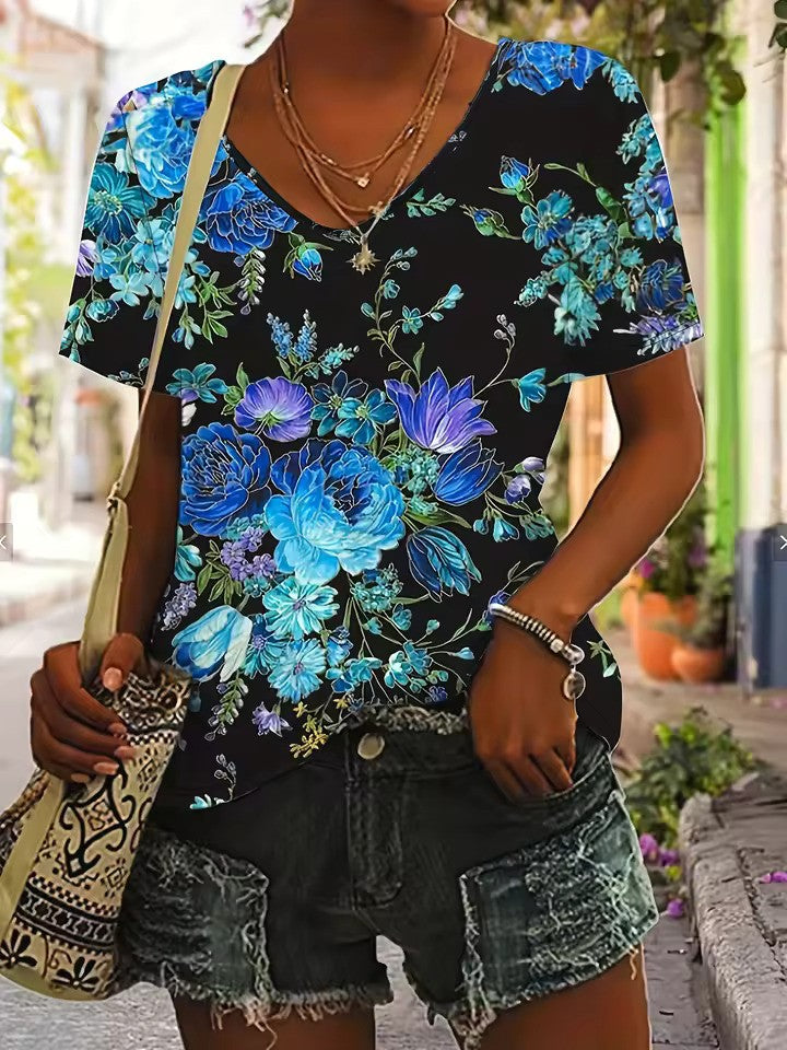 WW | Lebhaftes Retro-T-Shirt mit V-Ausschnitt für Damen