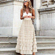 WW | Lässig Damen Solide Ballkleid Lange Rock Tüll Hohe Taille Plissierte Tutu Rock Elegante Damen Wildes Netz Dating Maxi Röcke Drop