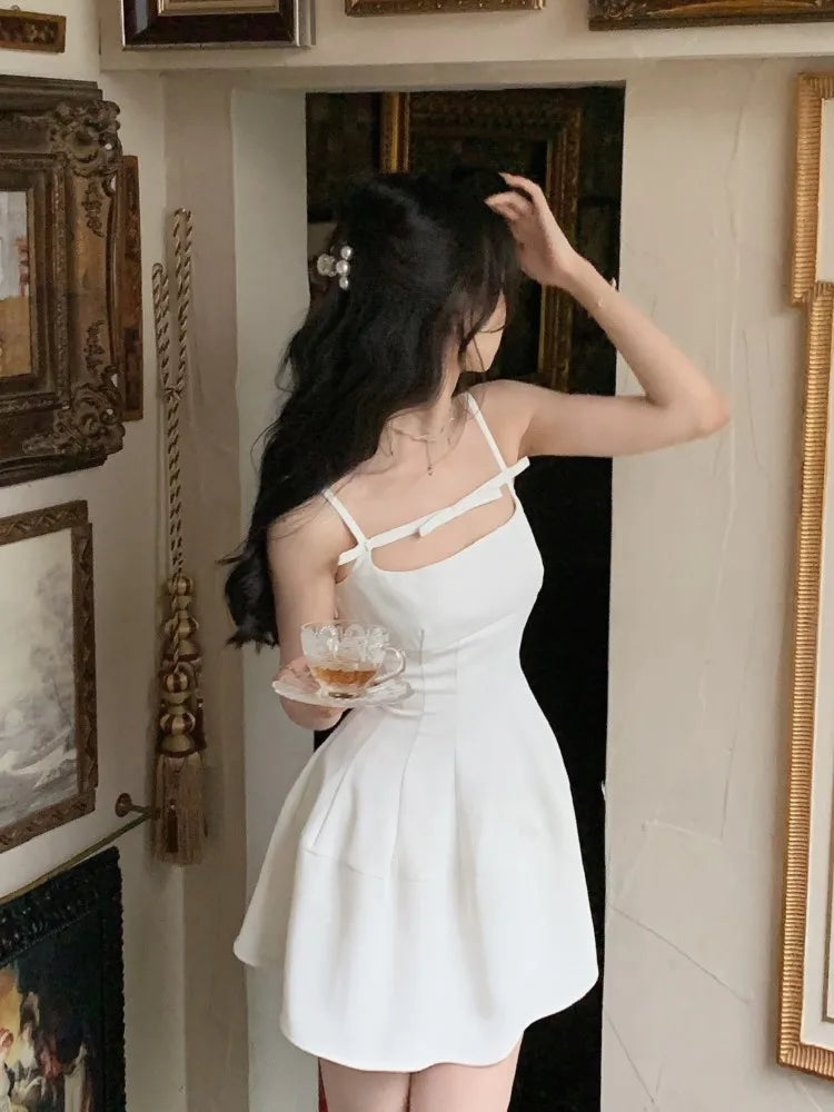 WW | Y2K Sommerkurzes Kleid Damen Solid Spaghetti-Träger Abendfestkleider Elegantes Ärmelloses Sexy A-Linie Einteiler Vestido Mujer
