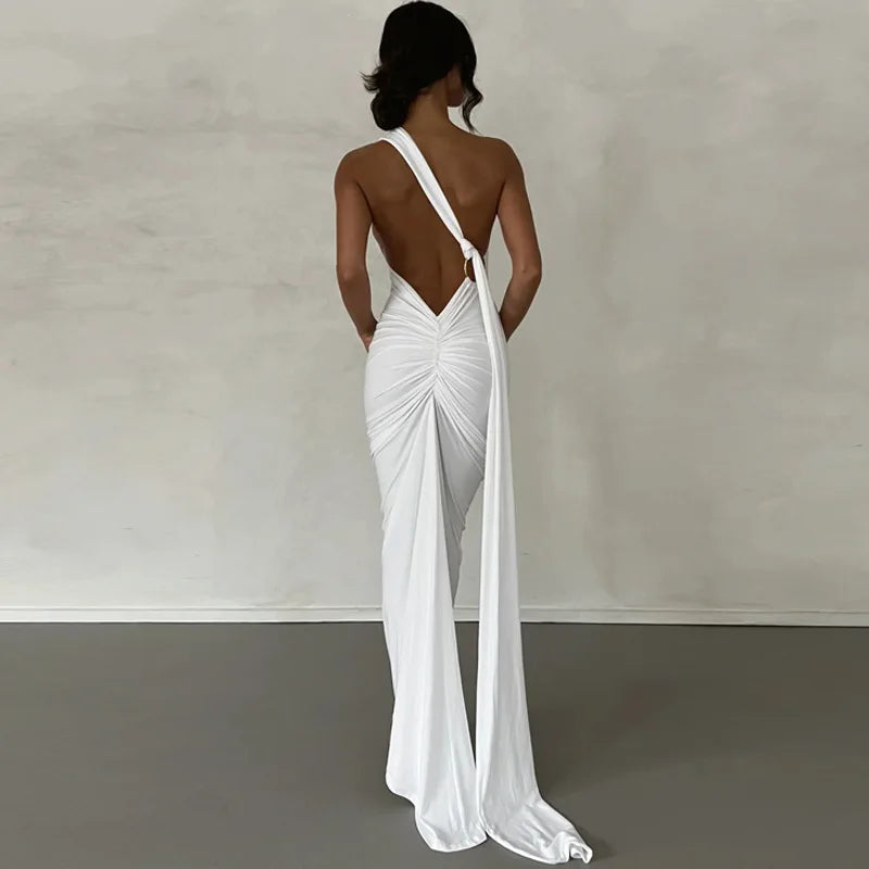 WW | Neue Mode Elegante Maxi Kleid für Frauen Sexy Ein Schulter Bodycon Slim Plissiert Einfarbig Rückless Kleider Fest Klub Kleidung