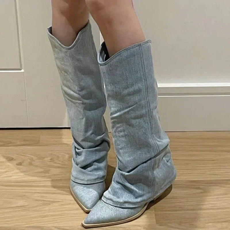 Denim kniehohe Stiefel