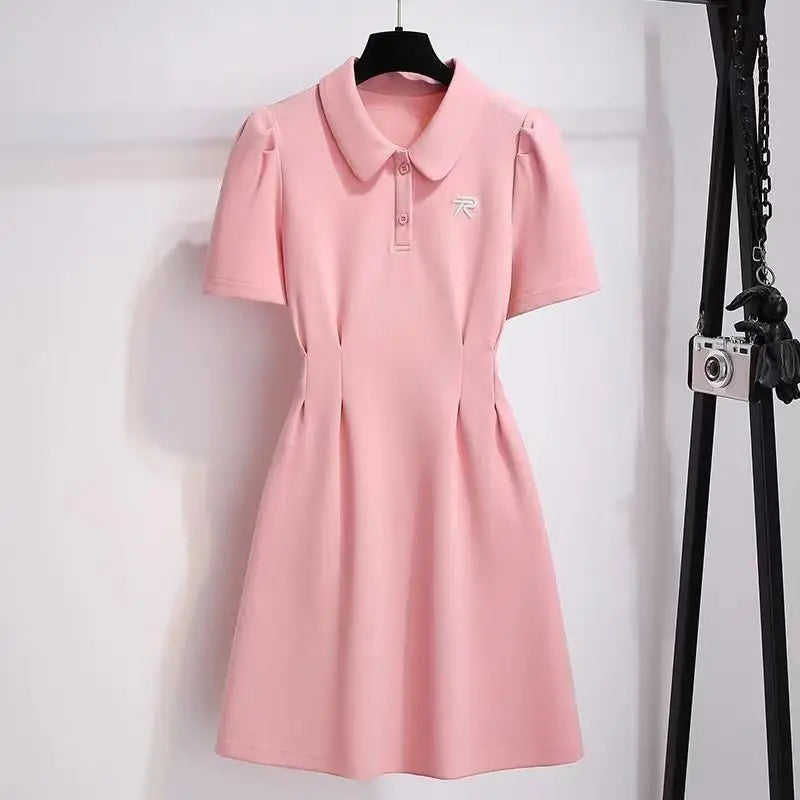 WW | Frauen Preppy Stil Kleidung Französisches Sportliches Pink Polo T-Shirt Kleider Sommer Neu Damen Lässig Stickerei Buchstabe Einfarbig Kleid