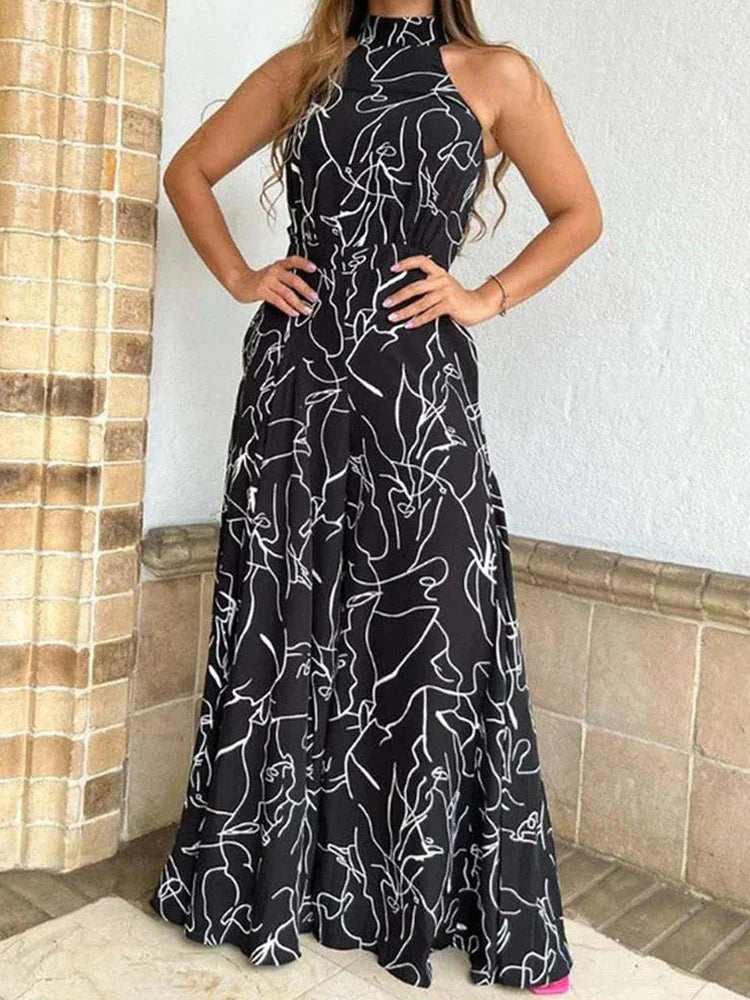 WW | Damen Elegante Taille Halterneck Jumpsuit Lässiger Druck Bindung Ohne Ärmel Breite Beine Lange Hosen Sommer Kleidung