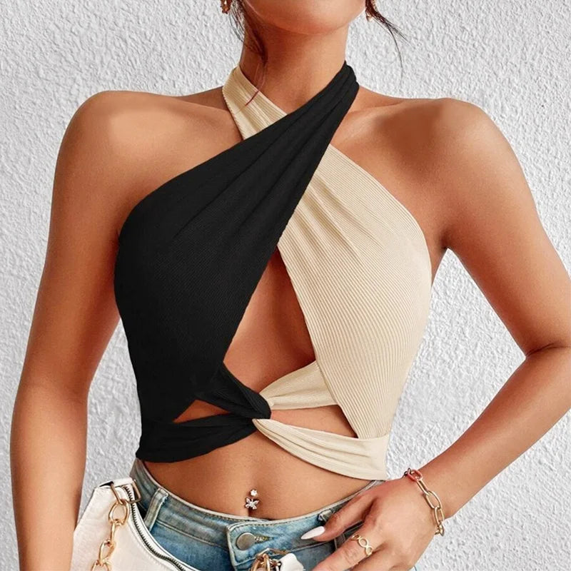 WW | Frauen Sommer Tank Tops Sexy Patchwork Cross Halterneck Träger Loch Crop Tops Hoch Street Wear Neue Mode