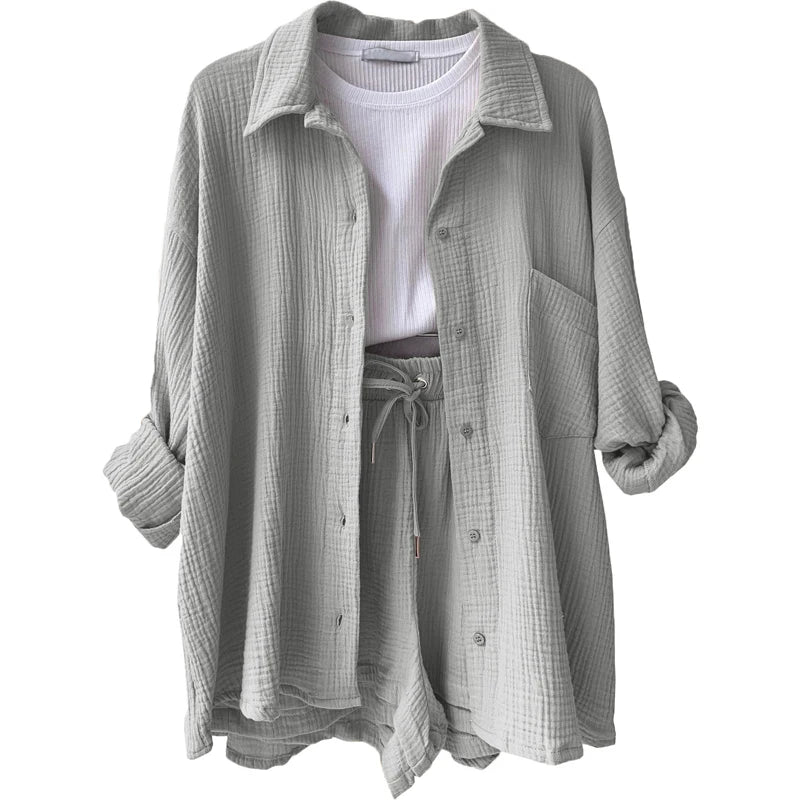 WW | 2 Teiliges Lässiges Nachtwäsche Baumwolle Pyjama für Frauen Umgeschlagenen Kragen Schlaf T-Shirts Set mit Shorts Gas Strickjacke Zuhausekleidung Sommer