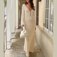 WW | Maxi Strickkleid Häkeltextur V-ausschnitt Lange Ärmel Fließender Boho Stil