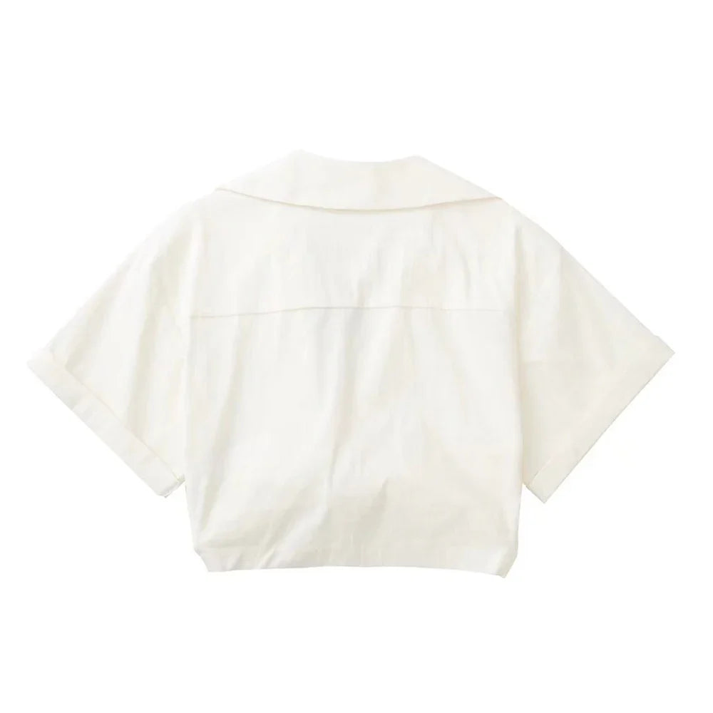 WW - Damen Vintage Kurzarm Leinen Crop Shirt