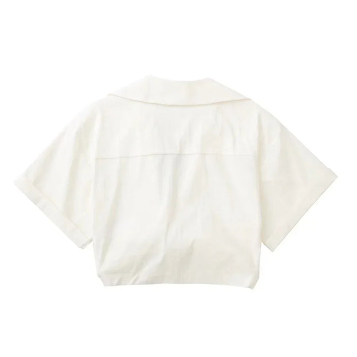 W&W Mode - Damen Vintage Kurzarm Leinen Crop Shirt