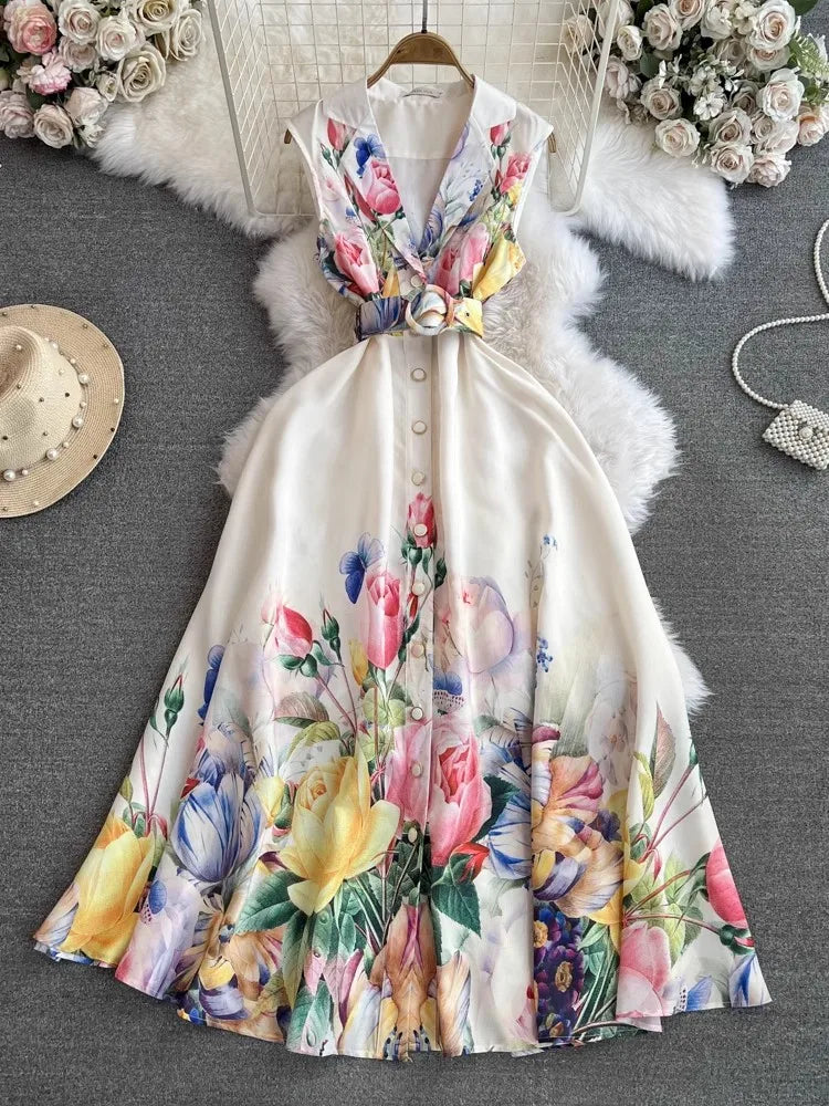 WW | Sommerferien Strandkleid Damen Notch Kragen Ärmellos Ein-Knopf Blumenmuster Gürtel Lang Boho Festkleid
