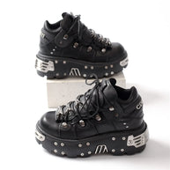 WW | Frauen Ankle Boots für Frauen Dicke Sohle Schnürsenkel Metall Dekoration Runde Zehen Plattform Schuhe Ladeis Punk Gothic Sneakers