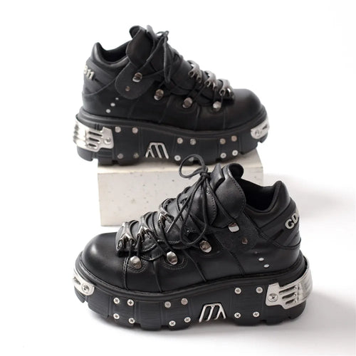 WW | Frauen Ankle Boots für Frauen Dicke Sohle Schnürsenkel Metall Dekoration Runde Zehen Plattform Schuhe Ladeis Punk Gothic Sneakers