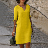 WW | Damen Baumwoll Leinen V-Ausschnitt Kleid Mit Halben Ärmeln