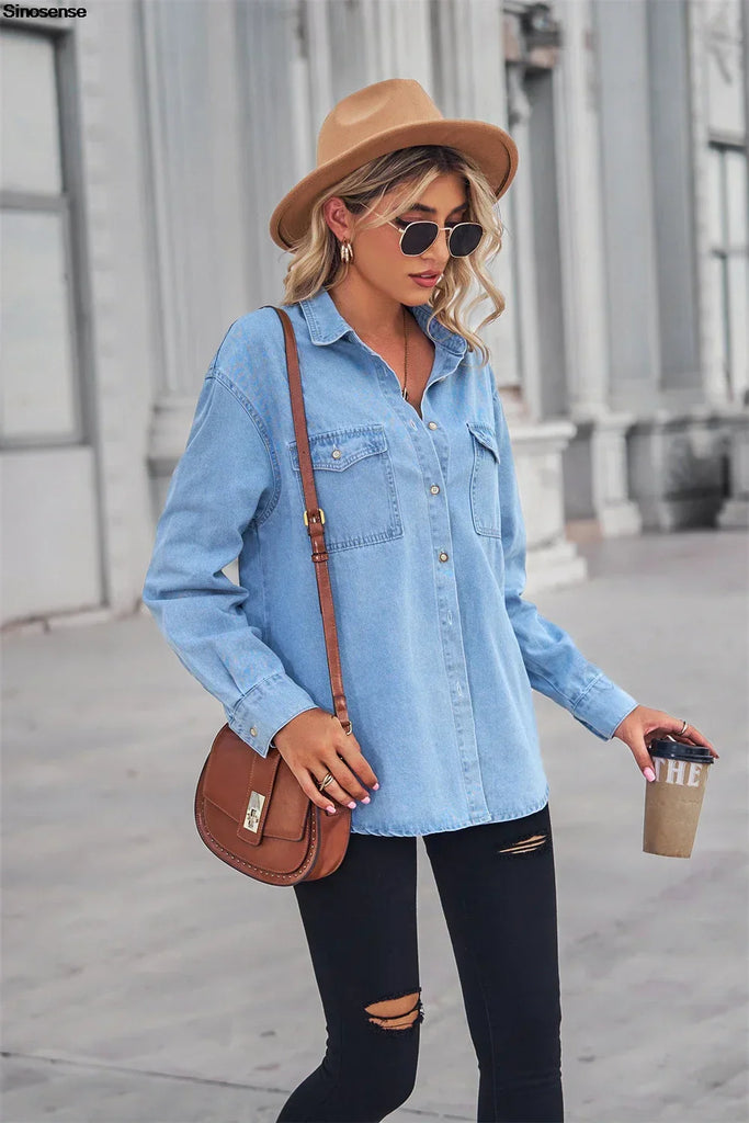 WW | Frauen Knopf-Offen Denim Hemd Lässig Lange Ärmel V-Ausschnitt Chambray Bluse Top Boyfriend Stil Lässige Passform Alltag Nutzung Jeanshemden
