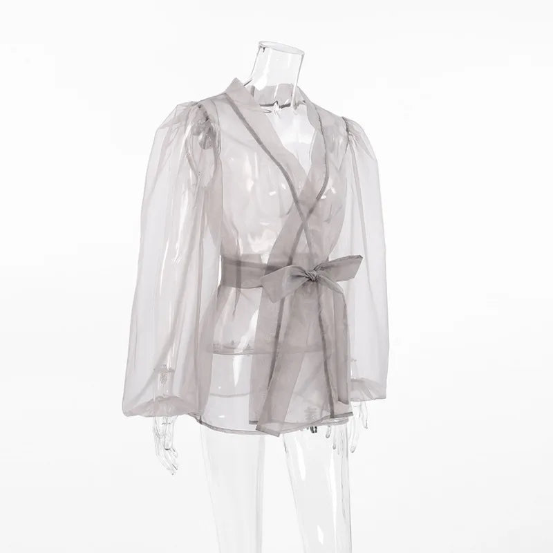 Damen Organza-Bluse mit Bindegürtel und transparentem Stoff