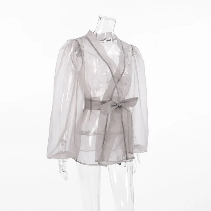 Damen Organza-Bluse mit Bindegürtel und transparentem Stoff