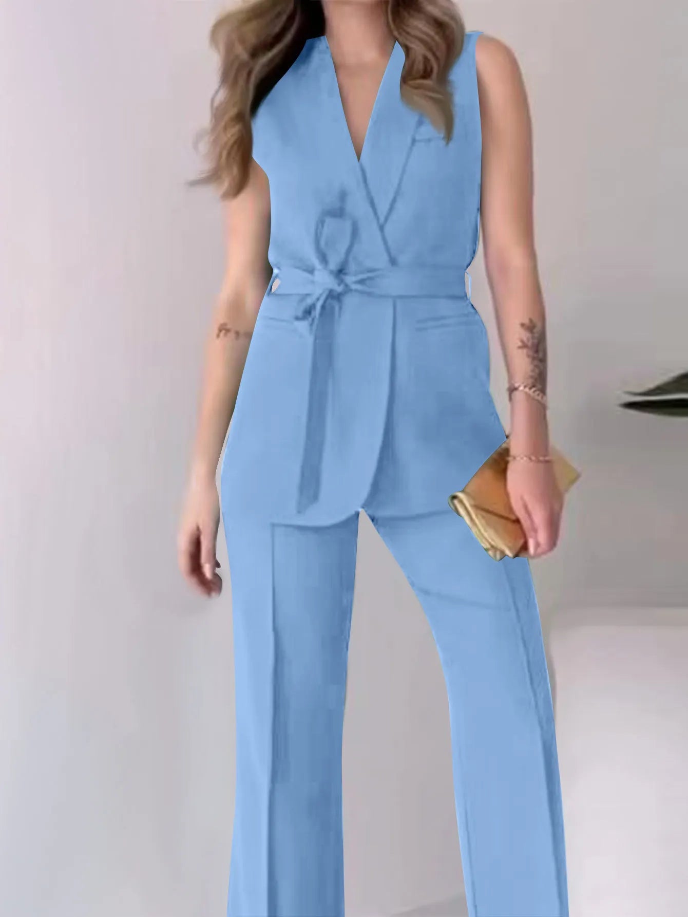 WW | Ärmelloser Blazer-Anzug Taillierte Passform Wickel-V-Ausschnitt Weite Hose