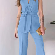 WW | Ärmelloser Blazer-Anzug Taillierte Passform Wickel-V-Ausschnitt Weite Hose