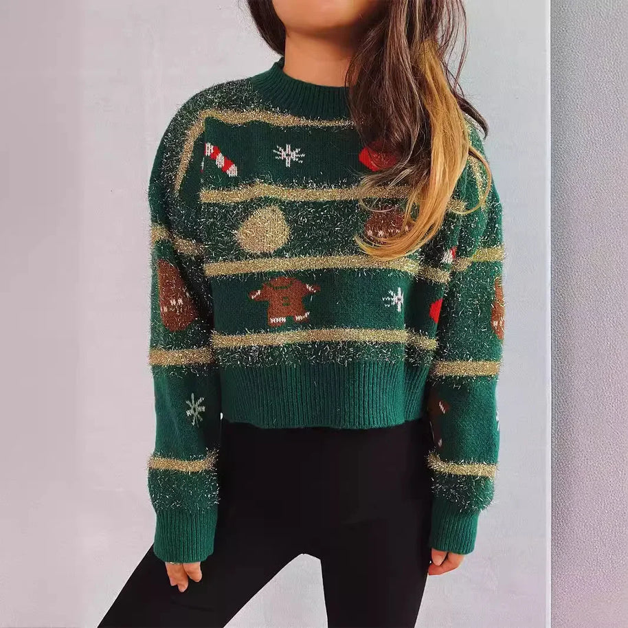 WW - Hässlicher Weihnachtspulli - Jacquard gestrickter Kurzpullover mit Goldstreifen