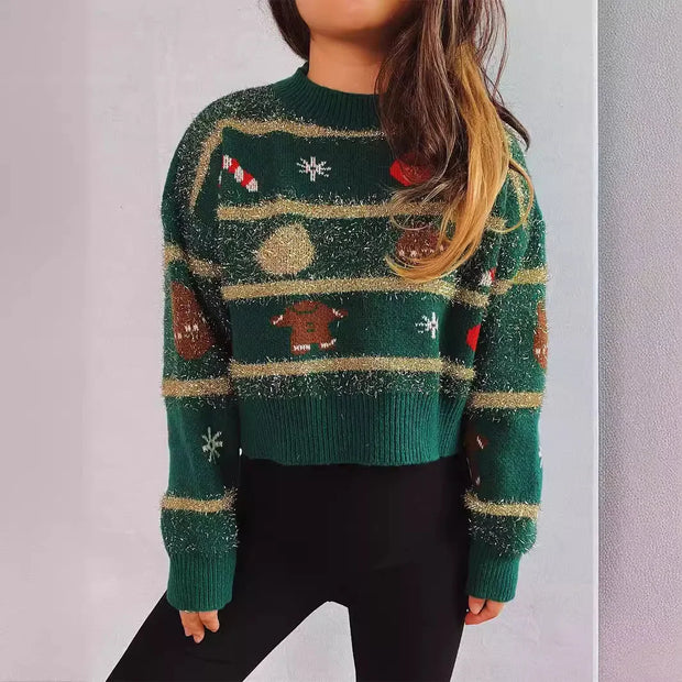 WW - Hässlicher Weihnachtspulli - Jacquard gestrickter Kurzpullover mit Goldstreifen