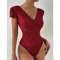 WW | Fit V-ausschnitt Spitzenbodysuit Atmungsaktives Stretchmaterial Elegante Ganzjahresbekleidung