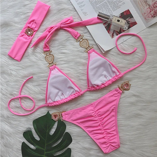 WW | Pink Sexy Bikinis Schwimmbekleidung mit Herz Strass Damen Bademode Female Push-Up Bikini Strand Bademode Badeanzüge Pool Badebekleidung