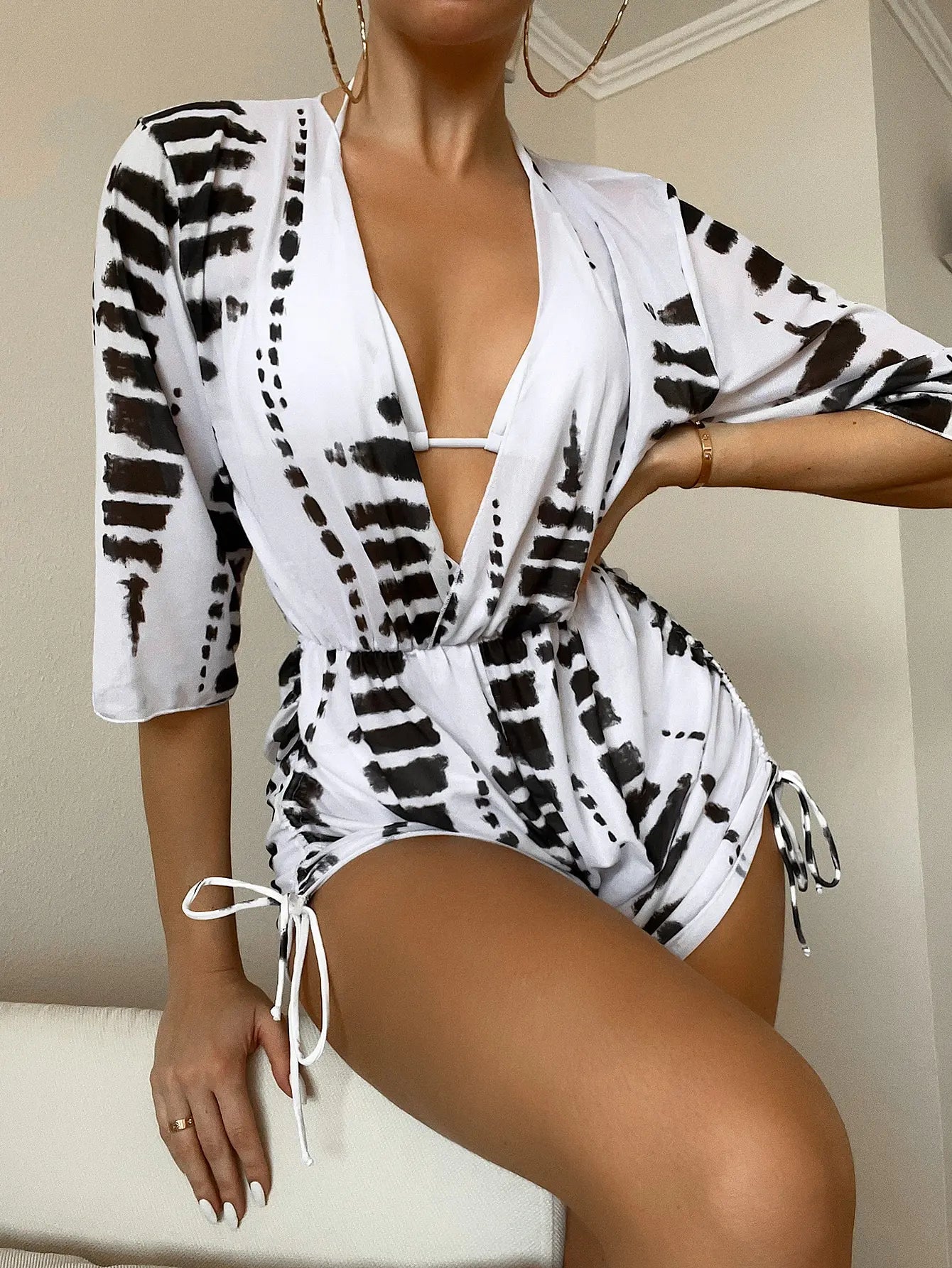 WW | 3 Stück Bikini Tropischer Druck Badebekleidung Halter Schnürseite Badebekleidung Frauen Badeanzug Weiblich Schwimmen Sommer Strandbekleidung