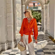 WW | Satin Orange Long Sleeve V-neck Shirt Für Damen in Rot Orange