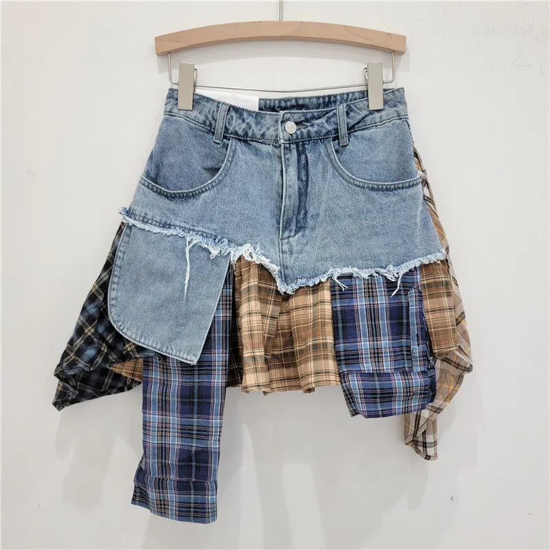 WW | Jahrgang Unregelmäßig Patchwork Kariert Röcke Denim Kurz für Frauen Hohe Taille Eingewickelt Hüfte Mini Rock Sommer Weiblich