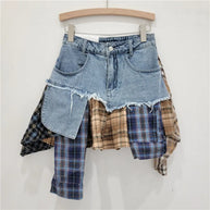 WW | Jahrgang Unregelmäßig Patchwork Kariert Röcke Denim Kurz für Frauen Hohe Taille Eingewickelt Hüfte Mini Rock Sommer Weiblich