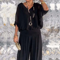 WW | Elegantes Zweiteiliges Set Aus Chiffonoberteil Und Hose Mit Weitem Bein