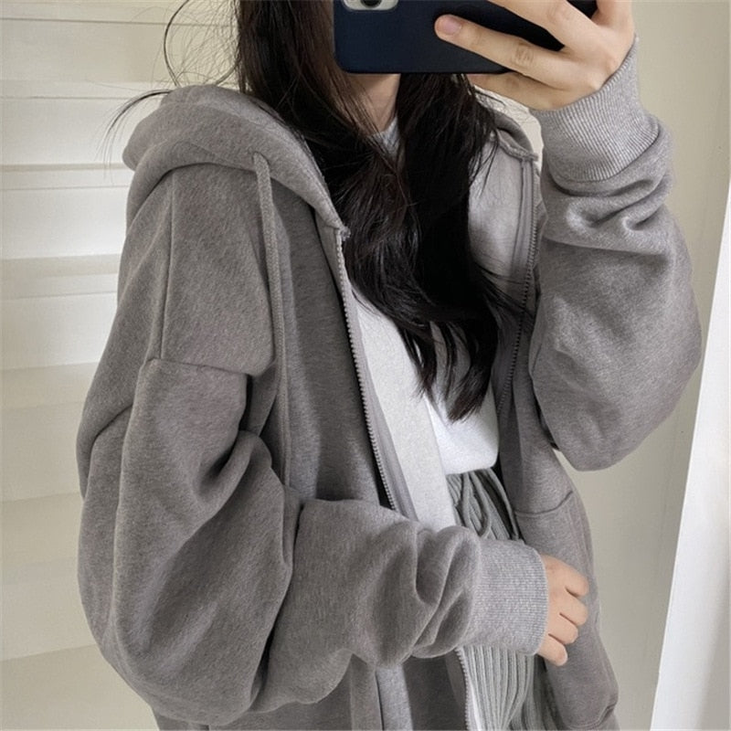 WW | Zip-up Oversized Solid Pocket Hooded Langarm Lose Baseball Jacke