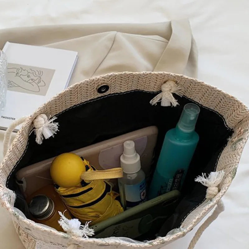 WW Sommer Tasche | Moderne Damen-Midi-Handtasche mit Blumenprint und Spitzen-Schleife