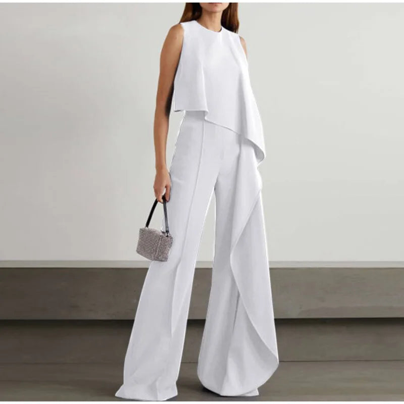 WW | Eleganter Weiter Jumpsuit mit Rüsche und Ohne Ärmel