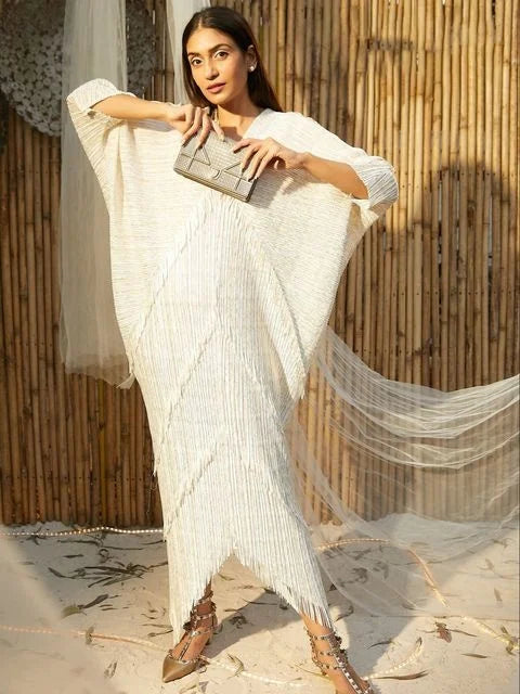WW | Miyake Fransen Plissierter Batwing Ärmel Kleid Frauen Frühling Herbst Neu V-Ausschnitt Lässig Locker Einfarbig Abendkleider Weiblich