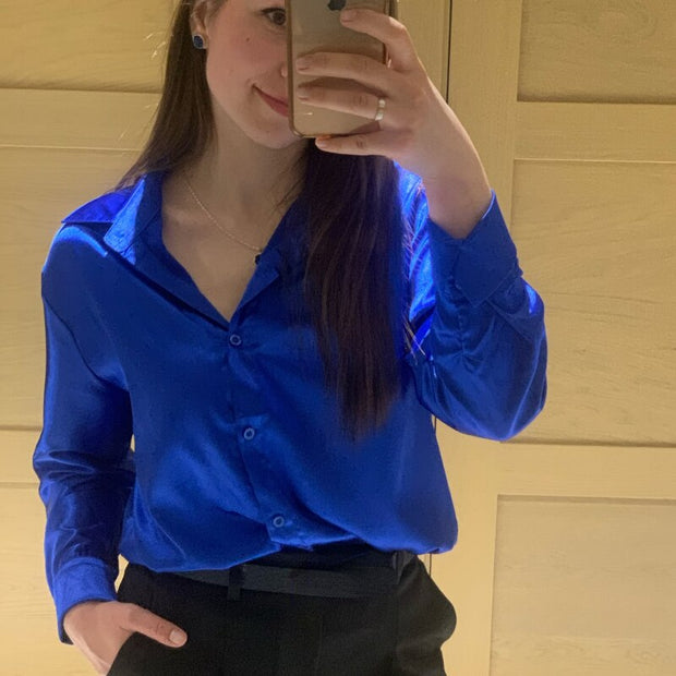 WW | Satinierte Bluse Mit Polo Kragen Seidenbluse Fürs Büro Weinlese Design Mit Lockerer Knopf Elegante Mode